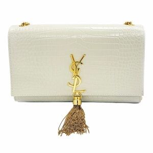 Saint Laurent Kate Tassel Medium White Crocodile Embossed Shoulder Bag